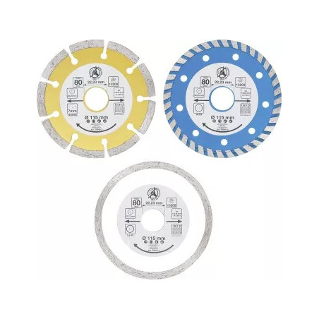 Jeu de disques de coupe au diamant | Ø d’perçage frontal 20 mm | Ø 115 mm | 3 pièces