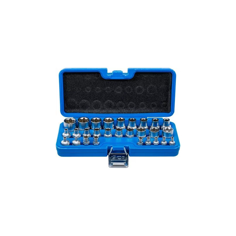 Jeu de douilles, profil E | 6,3 mm (1/4") / 12,5 mm (1/2") | E4 - E24 | 28 pièces Jeu de douilles, profil E | 6,3 mm (1/4") / 12,5 mm (1/2") | E4 - E24 | 28 pièces