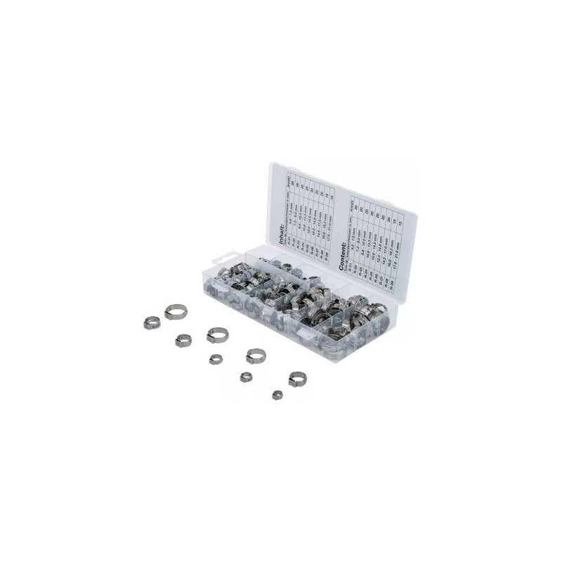 Assortiment de colliers de tuyau à revêtement en acier inoxydable | Ø 5,8 - 21 mm | 170 pièces Assortiment de colliers de tuyau à revêtement en acier inoxydable | Ø 5,8 - 21 mm | 170 pièces