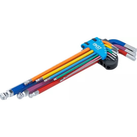 Jeu de clés allen | multicolore | extra longues | six pans femelle, six pans femelle à tête sphérique 1,5 - 10 mm | 9 pièces