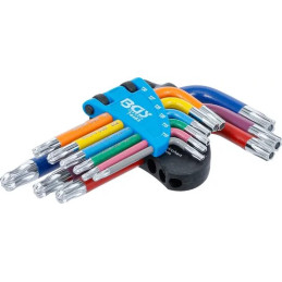 Jeu de clés allen | multicolore | courtes | Profil T (pour Torx) avec perçage et tête sphérique T10 - T50 | 9 pièces