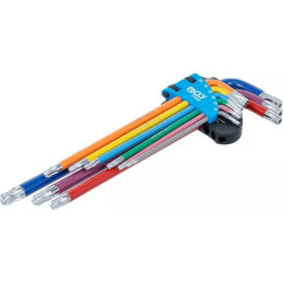 Jeu de clés allen | multicolore | extra longues | Profil T (pour Torx) avec perçage et tête sphérique T10 - T50 | 9 pièces