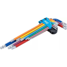 Jeu de clés allen | multicolore | extra longues | Profil T (pour Torx) avec tête sphérique T10 - T50 | 9 pièces