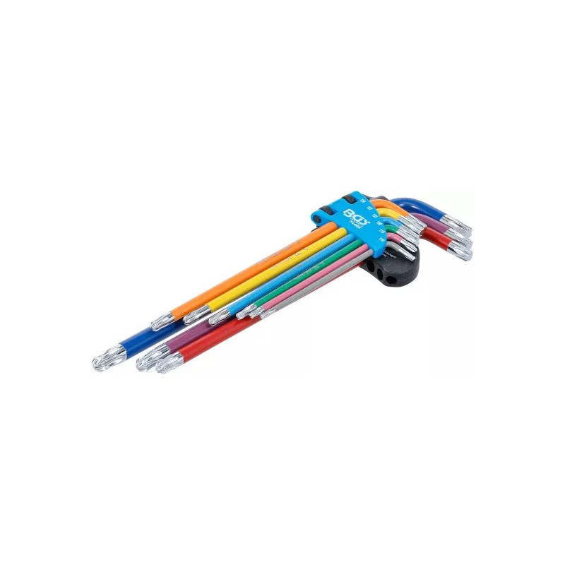 Jeu de clés allen | multicolore | extra longues | Profil T (pour Torx) avec tête sphérique T10 - T50 | 9 pièces Jeu de clés allen | multicolore | extra longues | Profil T (pour Torx) avec tête sphérique T10 - T50 | 9 pièces
