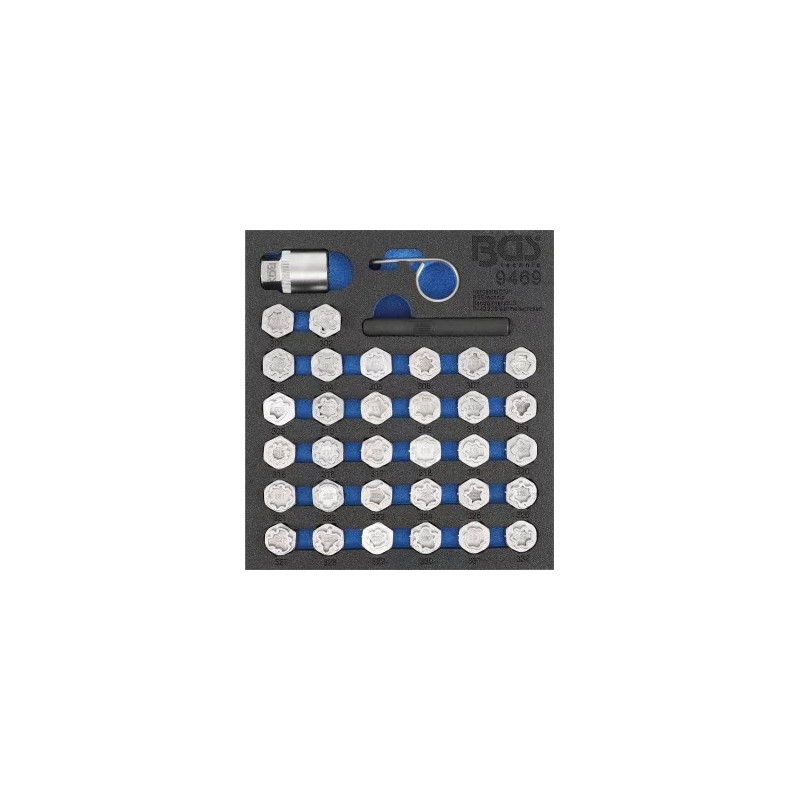 Insert de servante d'atelier 1/6 : Jeu d’outils pour écrous antivol pour Mercedes-Benz | 35 pièces Insert de servante d'atelier 1/6 : Jeu d’outils pour écrous antivol pour Mercedes-Benz | 35 pièces