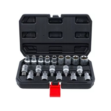 Jeu d’embouts/de douilles | 12,5 mm (1/2") | profil en T (pour Torx) / Profil E | 19 pièces