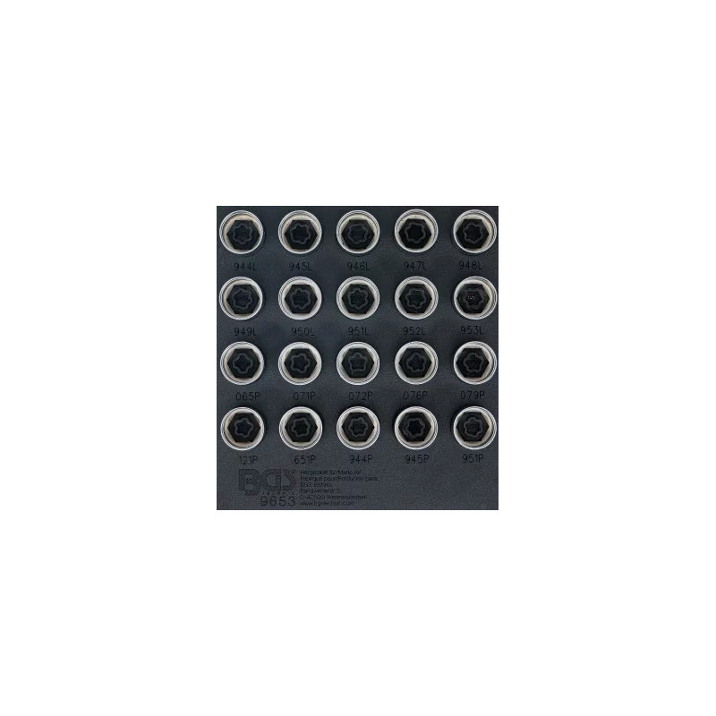 Insert de servante d'atelier 1/6 : Jeu d’outils pour écrous antivol pour Volvo | 20 pièces Insert de servante d'atelier 1/6 : Jeu d’outils pour écrous antivol pour Volvo | 20 pièces
