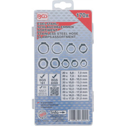 Assortiment de colliers de tuyau à revêtement en acier inoxydable | Ø 5,8 - 21 mm | 170 pièces