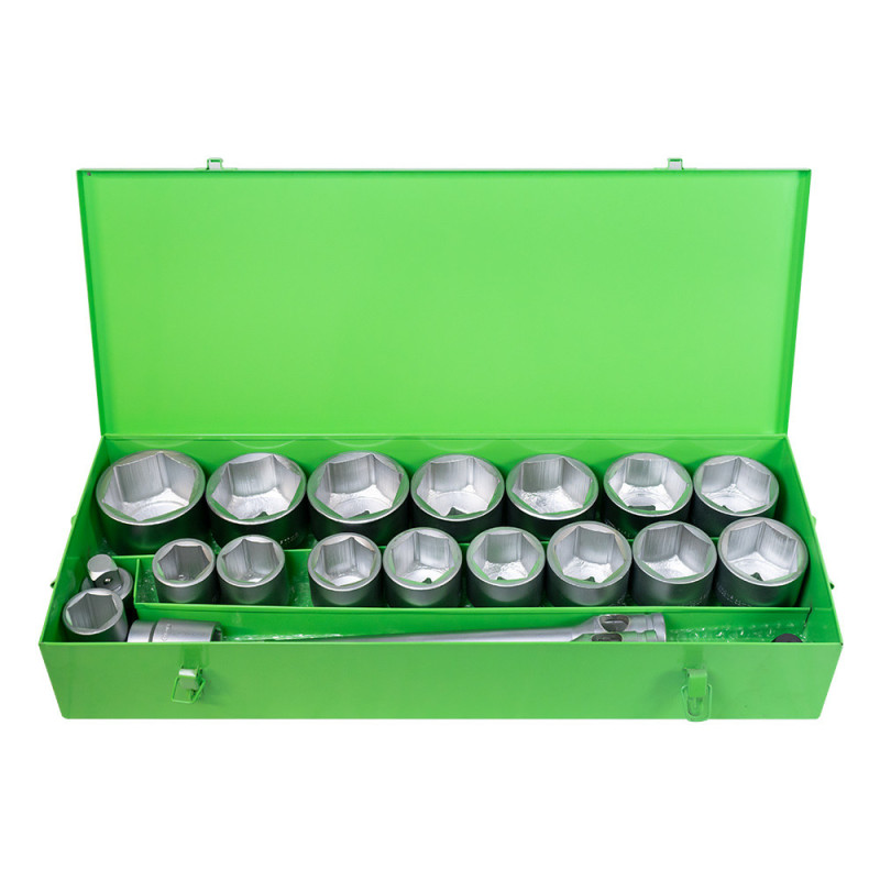 COFFRET MÉTALLIQUE DE 21 PIÈCES AVEC DOUILLES HEXAGONALES 1" – FINITION ZINGUÉE