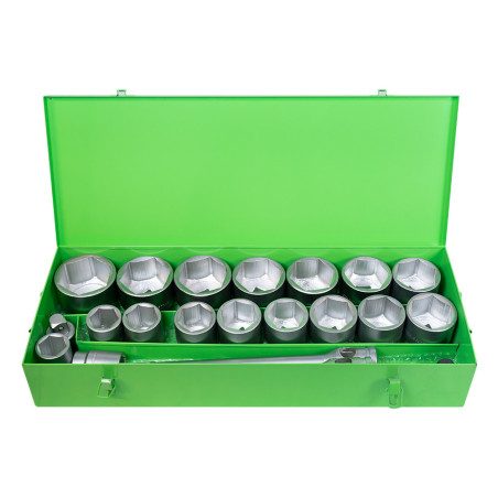 COFFRET MÉTALLIQUE DE 21 PIÈCES AVEC DOUILLES HEXAGONALES 1" – FINITION ZINGUÉE