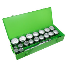COFFRET MÉTALLIQUE DE 21 PIÈCES AVEC DOUILLES 12 PANS 1" – FINITION ZINGUÉE