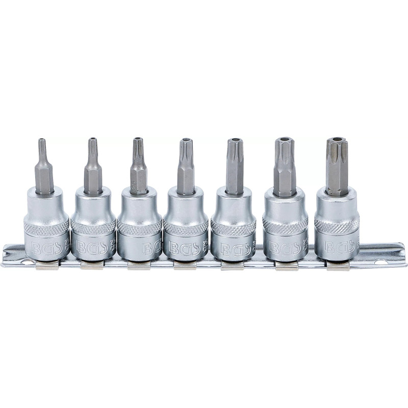 Jeu de douilles à embouts | 10 mm (3/8") | Profil T (pour Torx) avec perçage T15 - T50 | 7 pièces