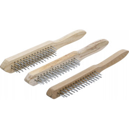 Jeu de brosses à fil d’acier | Manche en bois | 2-, 3-, 4-rangées | 3 pièces