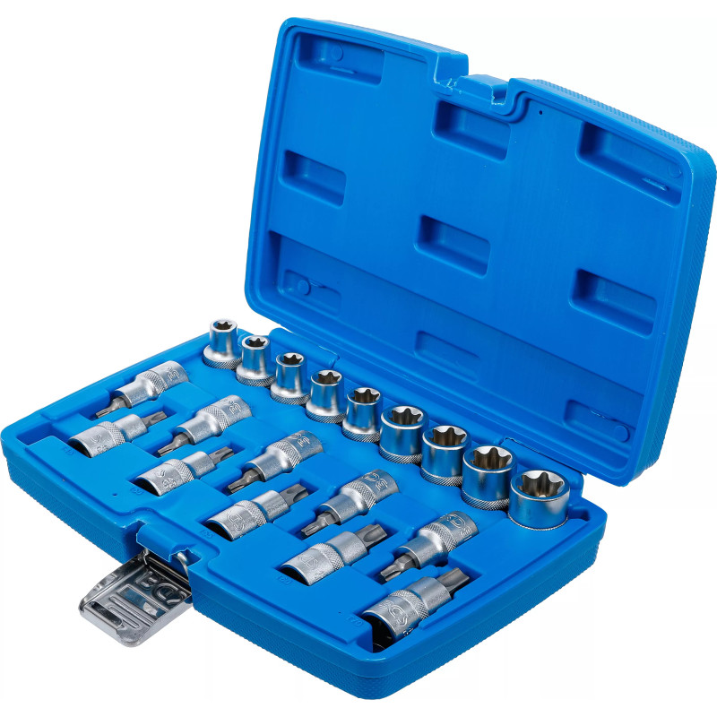 Jeu de douilles à embouts / de clé à douille | 12,5 mm (1/2") | Profil E/profil T (pour Torx)/Profil E | 19 pièces