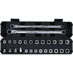 Jeu de clés annulaires et articulées à cliquet | extra longues | 27 pcs.