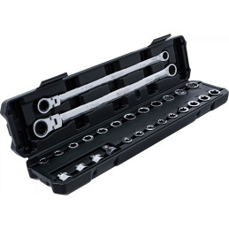 Jeu de clés annulaires et articulées à cliquet | extra longues | 27 pcs.