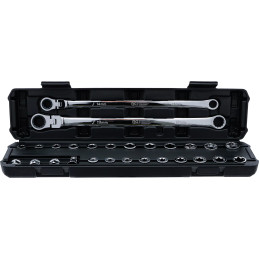 Jeu de clés annulaires et articulées à cliquet | extra longues | 27 pcs.