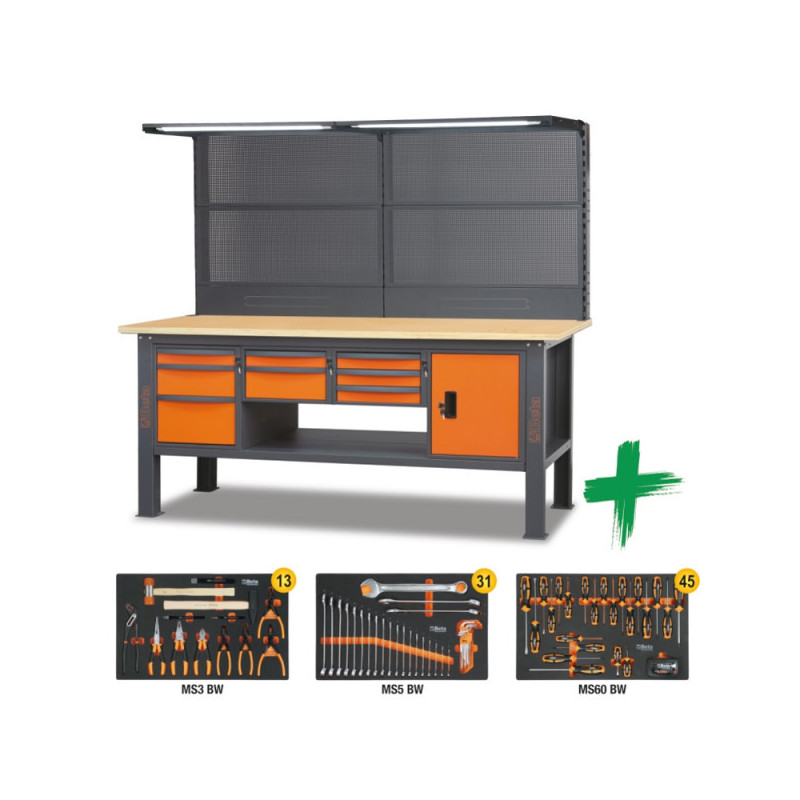 Établi de travail complet de 2,1 m avec plan en bois et assortiment de 89 outils.