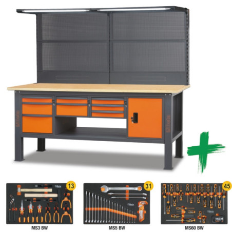 Établi de travail complet de 2,1 m avec plan en bois et assortiment de 89 outils.