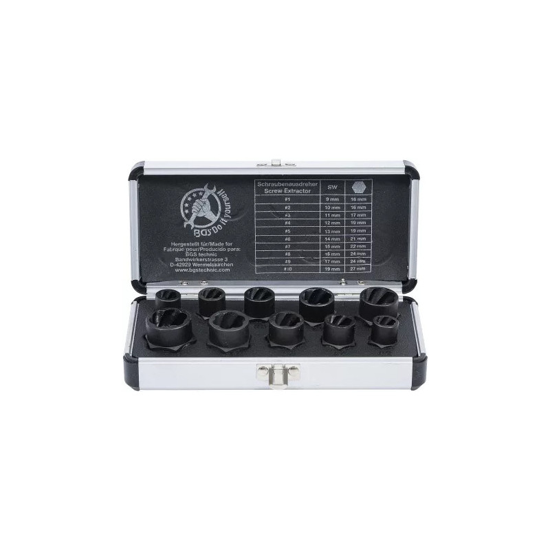 Jeu de douilles spiralées/extracteur de vis | 10 mm (3/8") | profil hélicoïdal 9 - 19 mm | 10 pièces