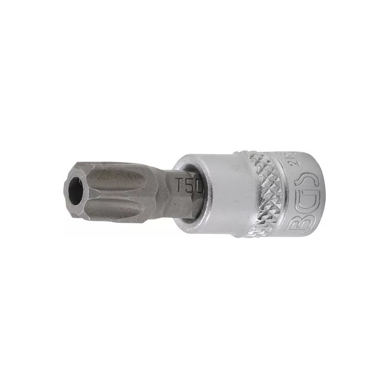 Douille à embouts | 6,3 mm (1/4") | profil T (pour Torx) avec perçage T50 Douille à embouts | 6,3 mm (1/4") | profil T (pour Torx) avec perçage T50